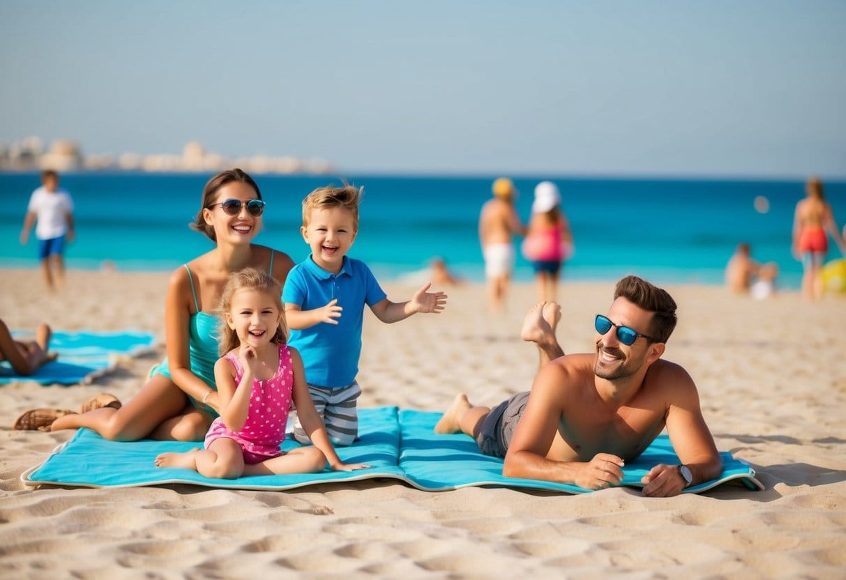 En familie nyder en altomfattende ferie i Sharm el-Sheikh med glade børn der leger på stranden og forældre der slapper af i solen
