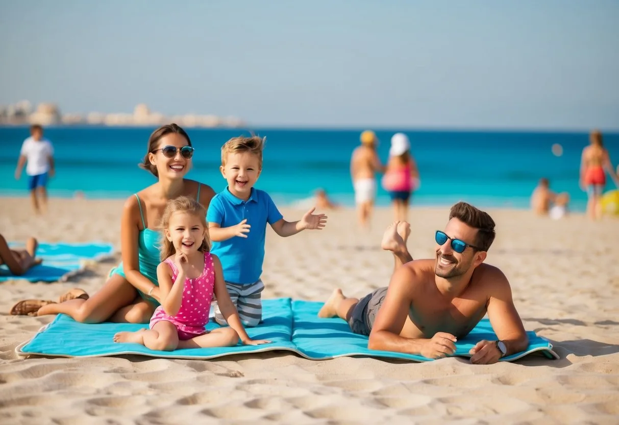 En familie nyder en altomfattende ferie i Sharm el-Sheikh med glade børn der leger på stranden og forældre der slapper af i solen